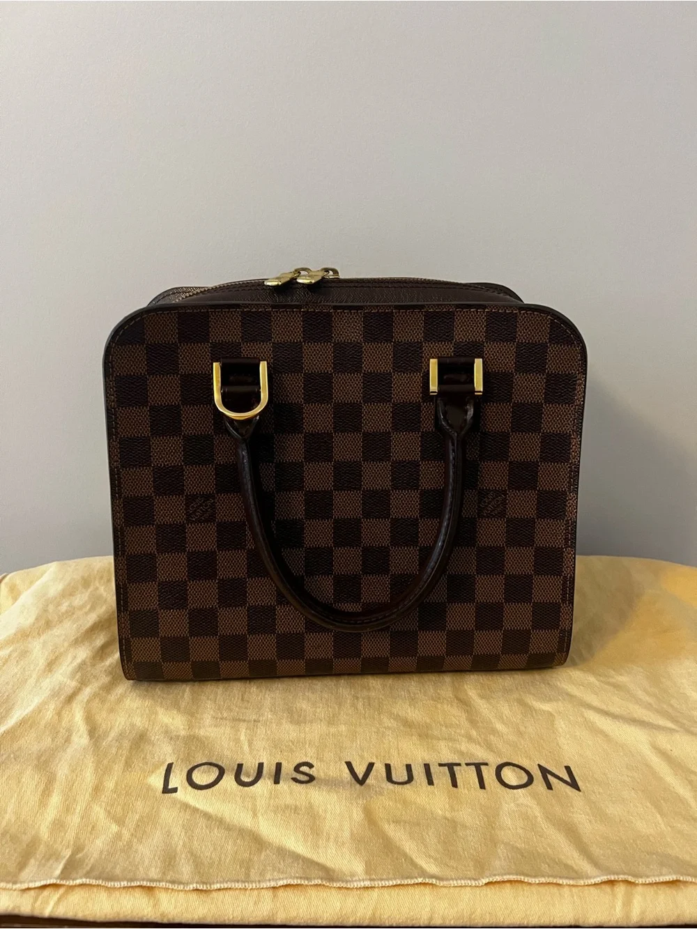 Authentic Louis Vuitton Brown Damier Ebene Triana Top Handle Bag